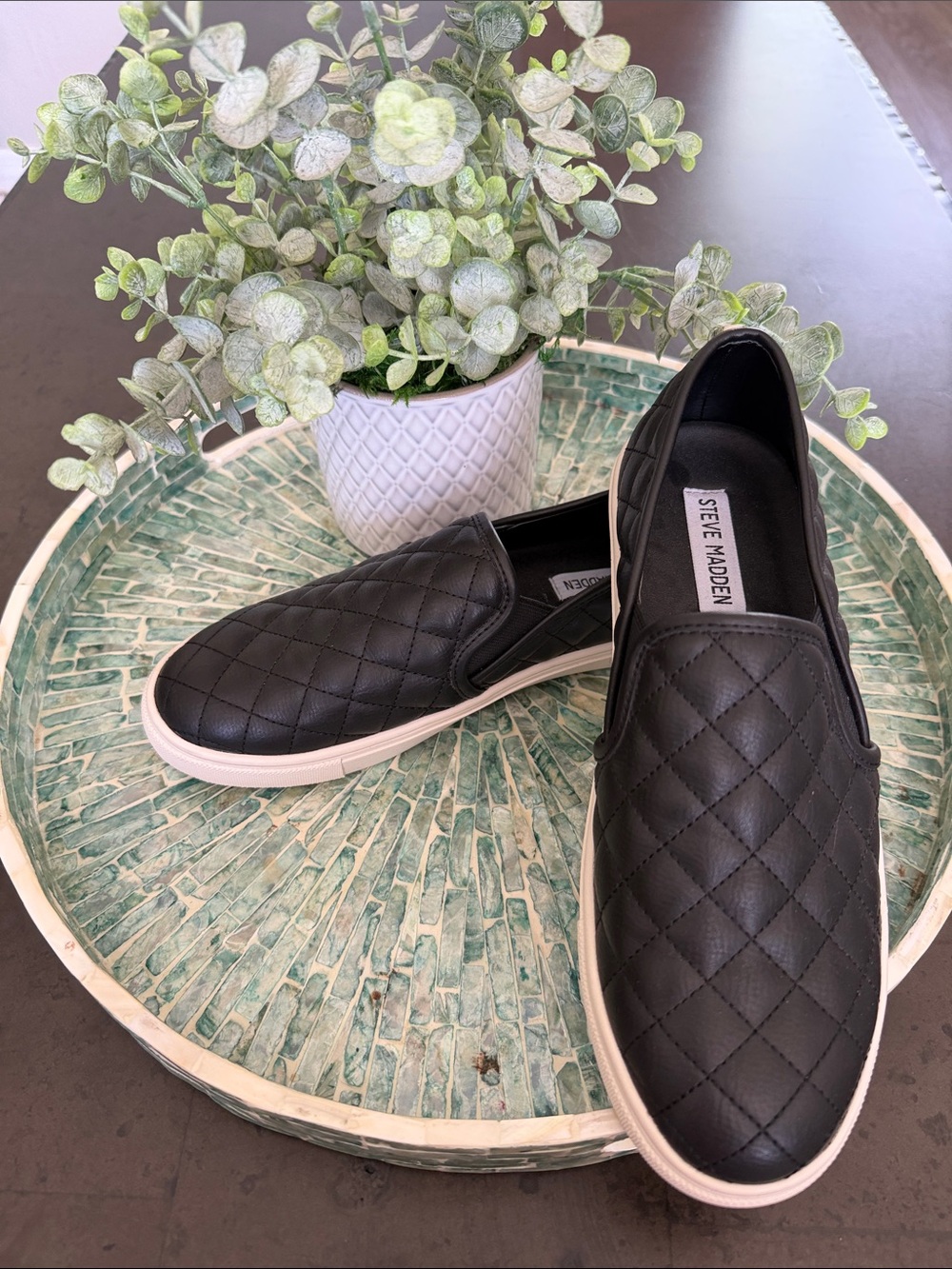 Steve Madden Black Quilted Slip-On Sneakers with White Sole